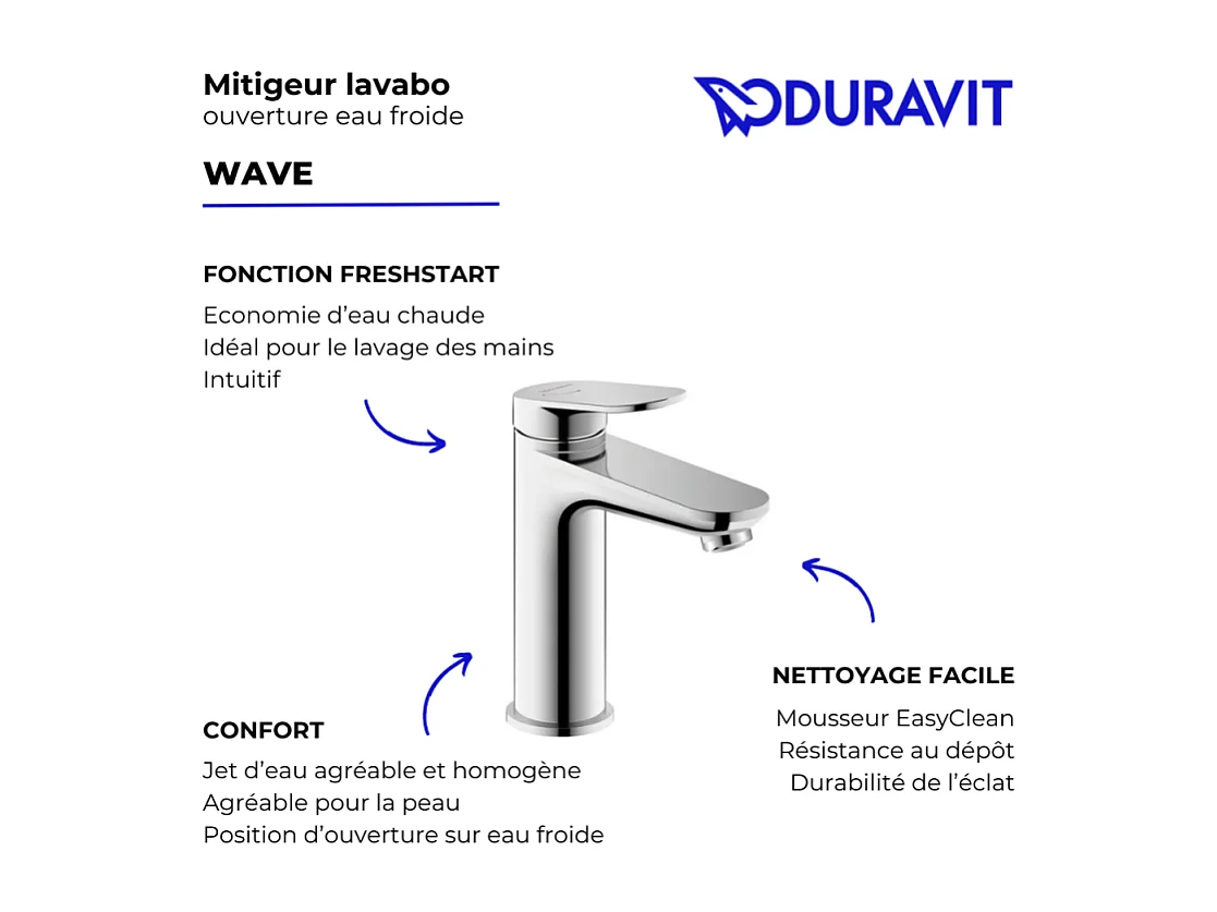 Mitigeur lavabo DURAVIT Wave M ouverture eau froide sans vidage chromé brillant