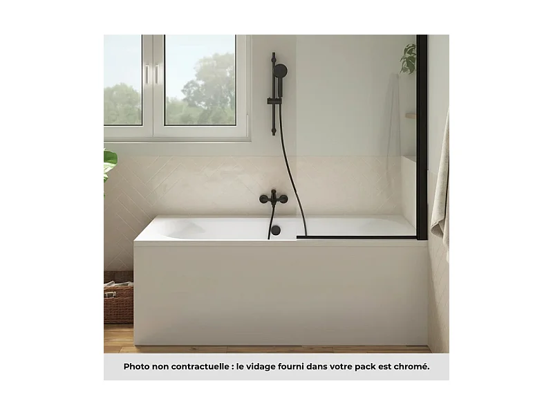 Pack baignoire droite 180 x 80 JACOB DELAFON Elise + tablier niche + pommeau et mitigeur bain noir Aimé + pare bain noir + vidage