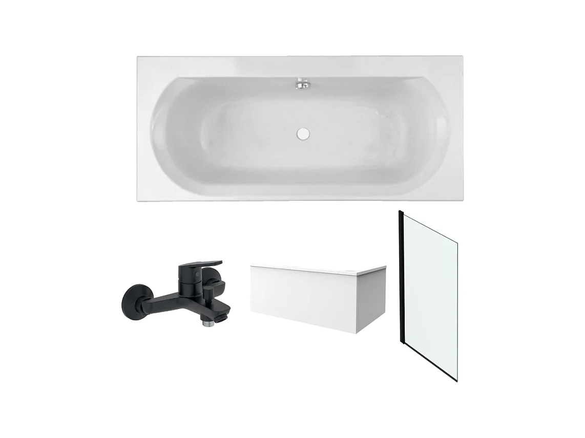 Pack baignoire 170 x 75 JACOB DELAFON Elise + tablier angle + mitigeur bain douche mural Aimé noir + pare bain noir mat + vidage