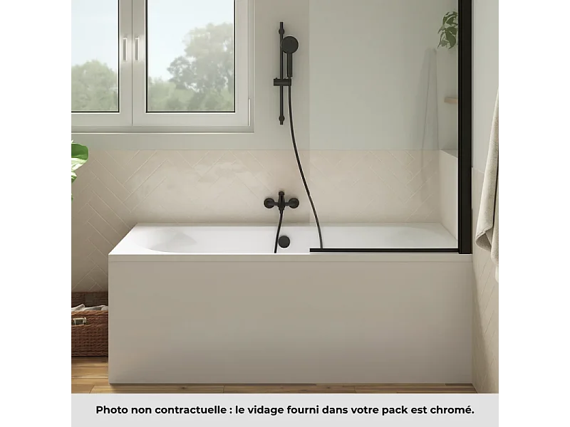 Pack baignoire 170 x 75 JACOB DELAFON Elise + tablier angle + mitigeur bain douche mural Aimé noir + pare bain noir mat + vidage