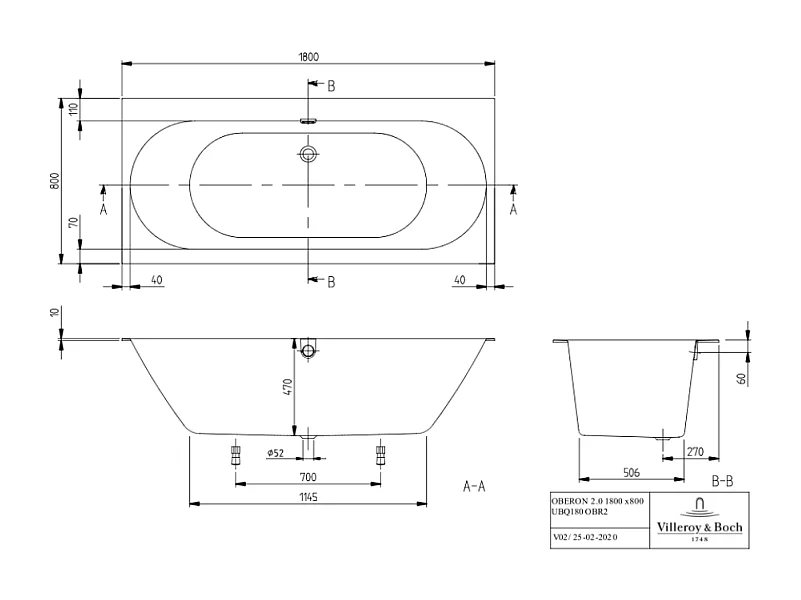 Baignoire droite 180 x 80 VILLEROY & BOCH Oberon 2.0 blanc brillant