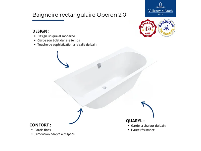 Baignoire droite 180 x 80 VILLEROY & BOCH Oberon 2.0 blanc brillant