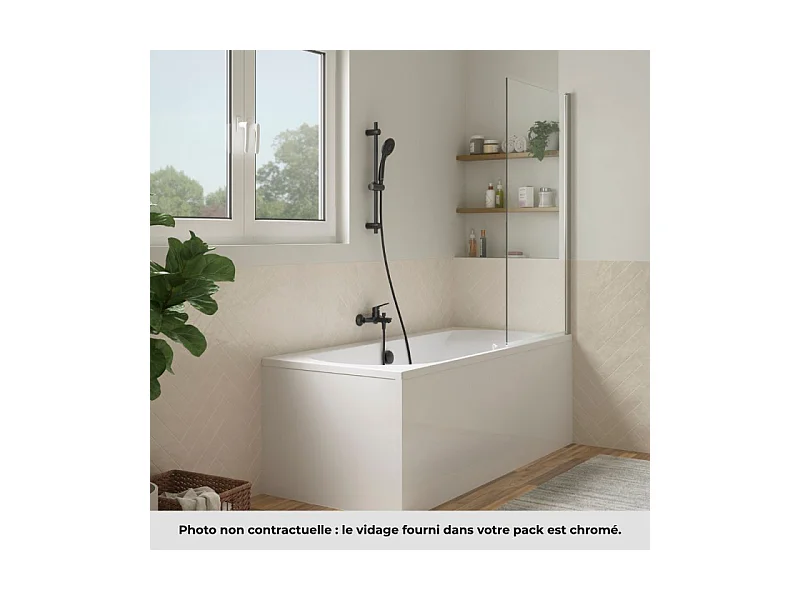 Pack baignoire droite 180 x 80 JACOB DELAFON Elise + pack pommeau et mitigeur bain douche noir mat Aimé + vidage