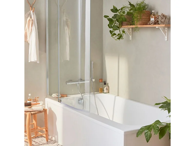 Pack baignoire bain douche 160 x 85 JACOB DELAFON Malice version gauche blanc mat + tablier en niche + pare bain + étagère