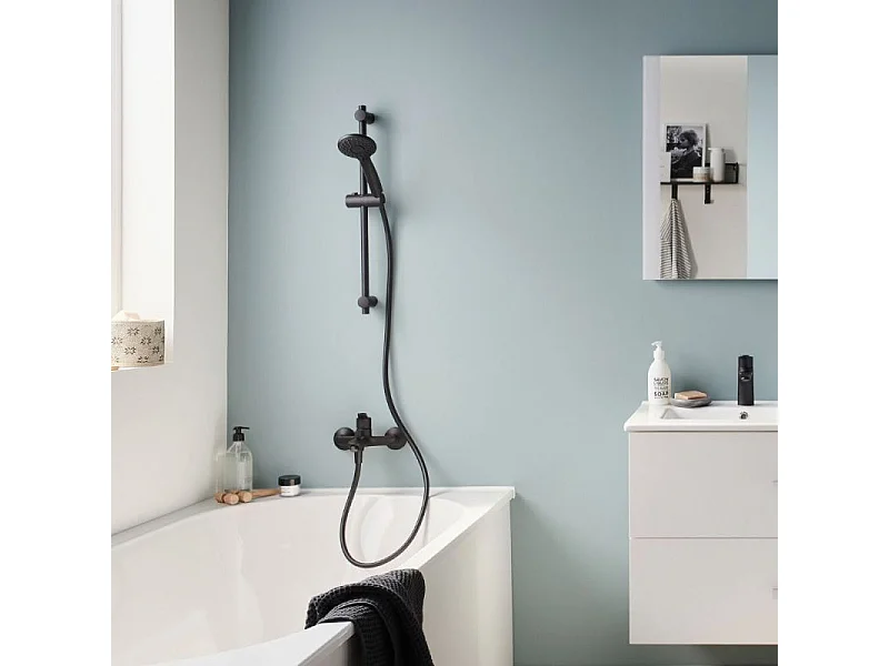 Pack baignoire droite 180 x 80 JACOB DELAFON Elise + tablier niche + pommeau et mitigeur bain noir mat Aimé + vidage