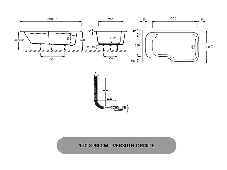 Pack baignoire bain douche 170 x 90 JACOB DELAFON Malice version droite + tablier en angle + pare bain