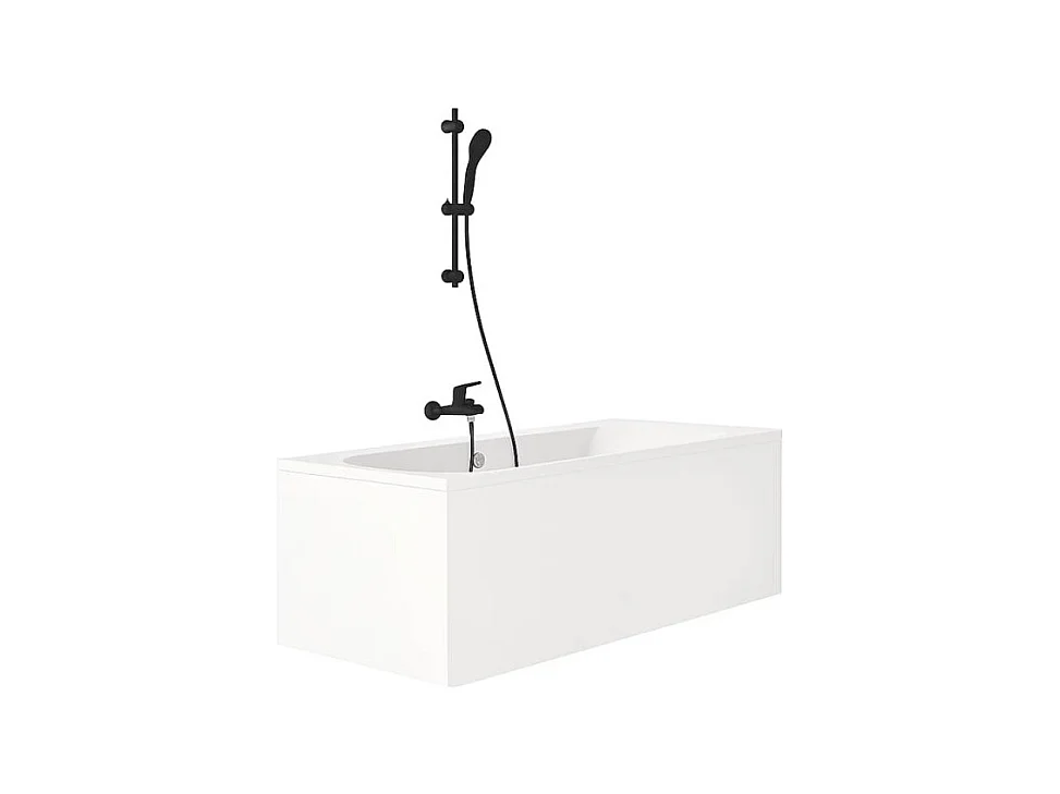 Pack baignoire droite 180 x 80 JACOB DELAFON Elise + tablier angle + pommeau et mitigeur bain noir mat Aimé + vidage