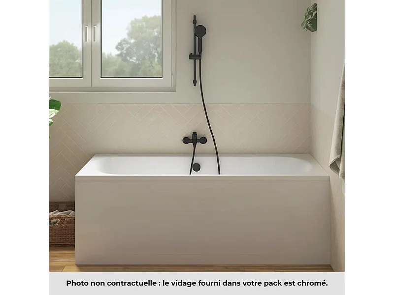 Pack baignoire droite 180 x 80 JACOB DELAFON Elise + tablier angle + pommeau et mitigeur bain noir mat Aimé + vidage noir