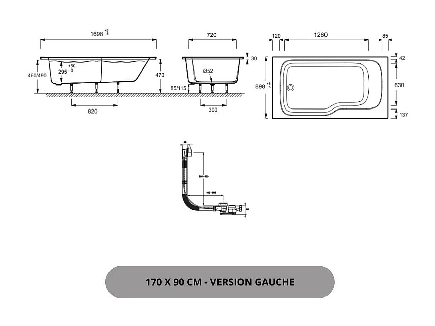 Pack baignoire bain douche 170 x 90 JACOB DELAFON Malice version gauche + tablier en niche + pare bain