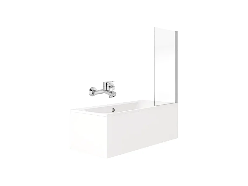 Pack baignoire 170 x 75 JACOB DELAFON Elise + tablier angle + mitigeur bain douche mural Aimé chromé + pare bain chromé + vidage
