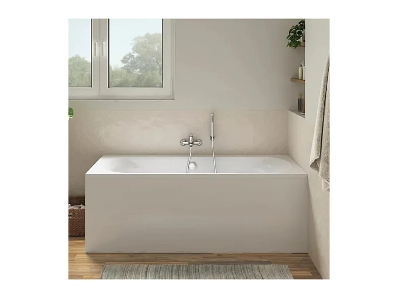 Pack baignoire 170 x 75 JACOB DELAFON Elise + tablier angle + mitigeur bain douche mural Aimé chromé + pare bain chromé + vidage