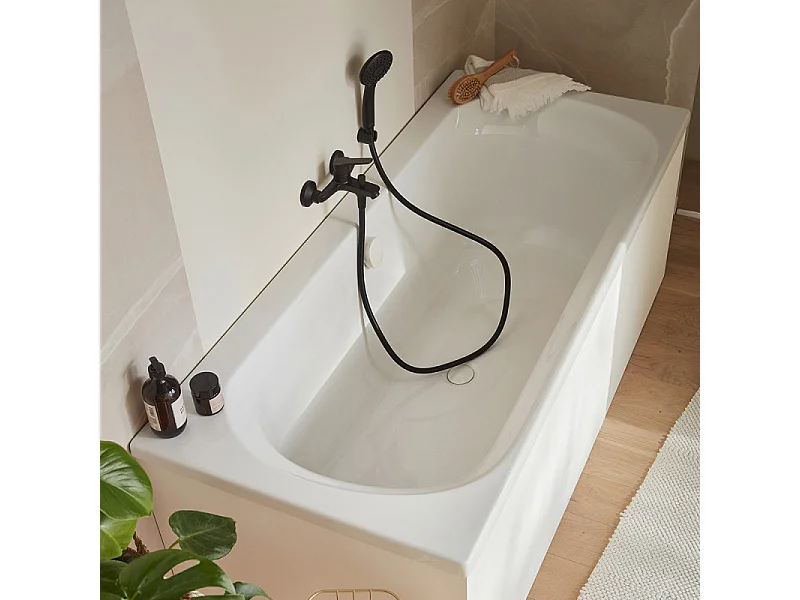Pack baignoire droite 180 x 80 JACOB DELAFON Elise + tablier en angle + mitigeur bain douche mural Aimé noir + vidage