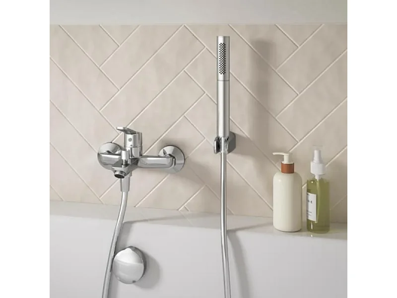 Pack baignoire droite 180 x 80 JACOB DELAFON Elise + tablier angle + mitigeur bain Aimé chromé + pare bain chromé + vidage