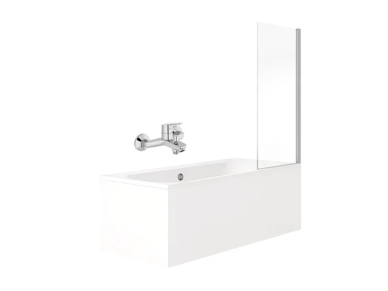 Pack baignoire droite 180 x 80 JACOB DELAFON Elise + tablier angle + mitigeur bain Aimé chromé + pare bain chromé + vidage