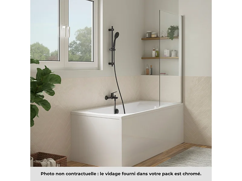 Pack baignoire droite 180 x 80 JACOB DELAFON Elise + tablier angle + mitigeur bain Aimé chromé + pare bain chromé + vidage