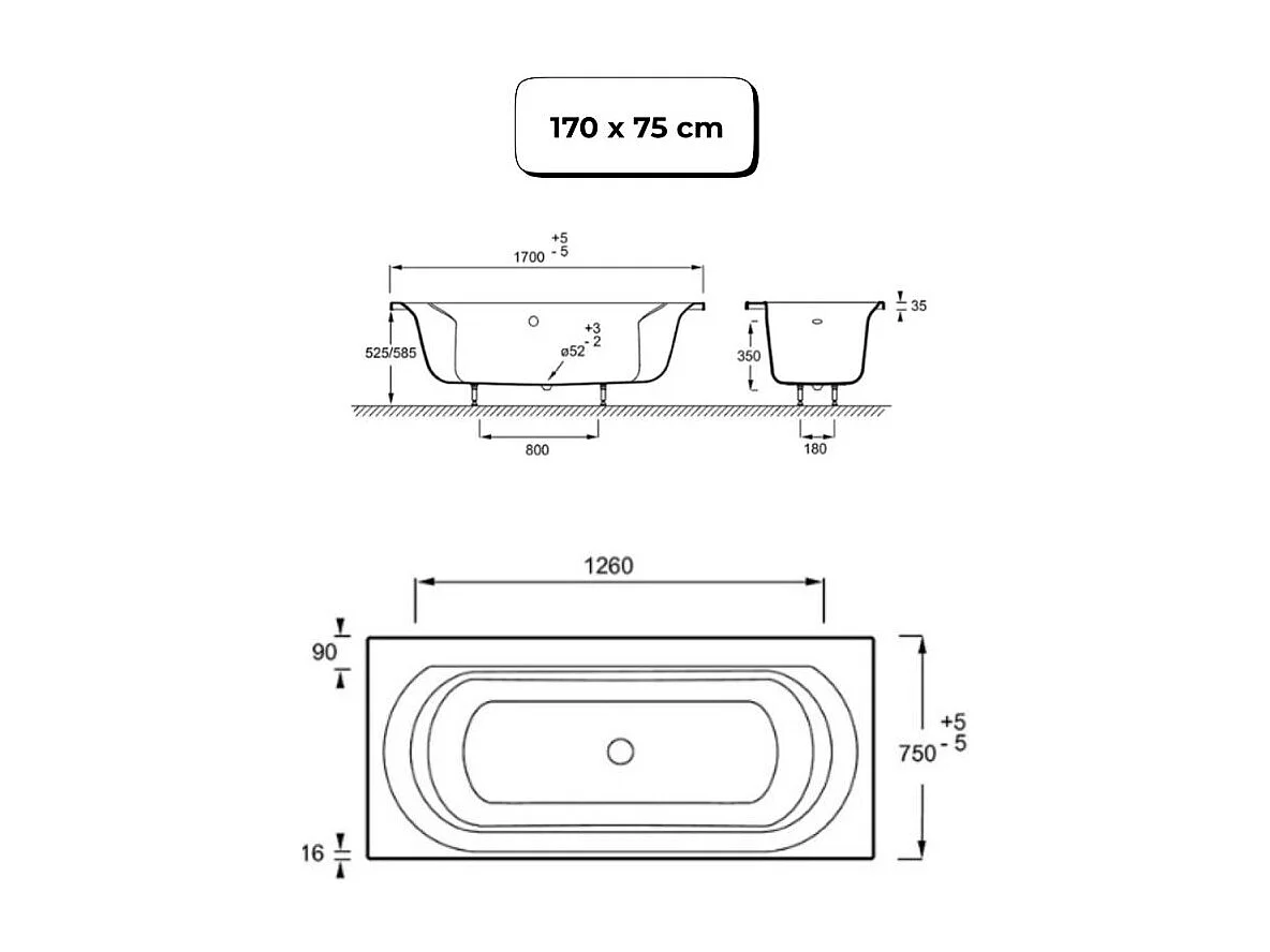 Pack baignoire 170 x 75 JACOB DELAFON Elise + tablier niche + pommeau et mitigeur bain noir Aimé + pare bain chromé + vidage