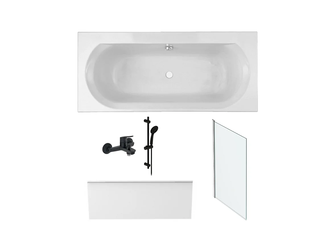 Pack baignoire 170 x 75 JACOB DELAFON Elise + tablier niche + pommeau et mitigeur bain noir Aimé + pare bain chromé + vidage
