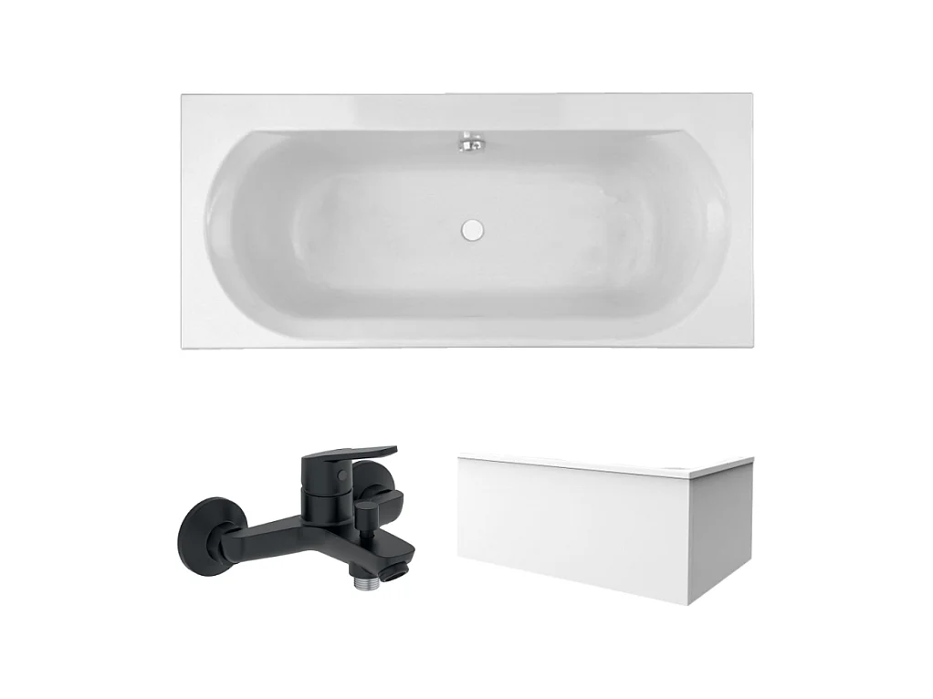 Pack baignoire droite 170 x 75 JACOB DELAFON Elise + tablier en angle + mitigeur bain douche mural Aimé noir + vidage