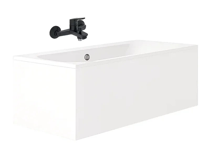 Pack baignoire droite 170 x 75 JACOB DELAFON Elise + tablier en angle + mitigeur bain douche mural Aimé noir + vidage