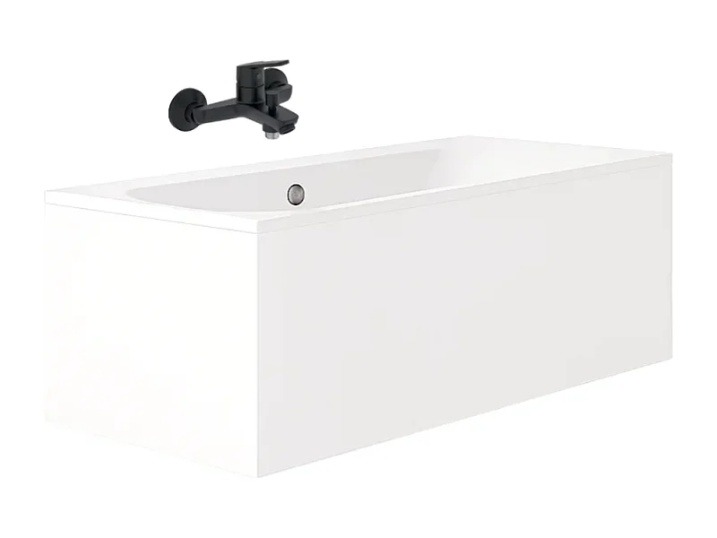 Pack baignoire droite 170 x 75 JACOB DELAFON Elise + tablier en angle + mitigeur bain douche mural Aimé noir + vidage