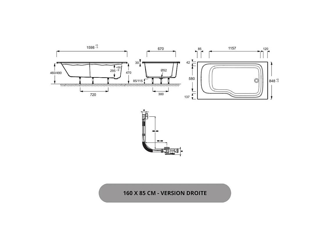 Pack baignoire bain douche 160 x 85 JACOB DELAFON Malice version droite + tablier en angle + pare bain + étagère pour pare bain