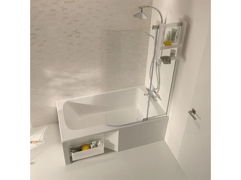 Pack baignoire bain douche 160 x 85 JACOB DELAFON Malice version droite + tablier bain douche Malice + boîte de rangement