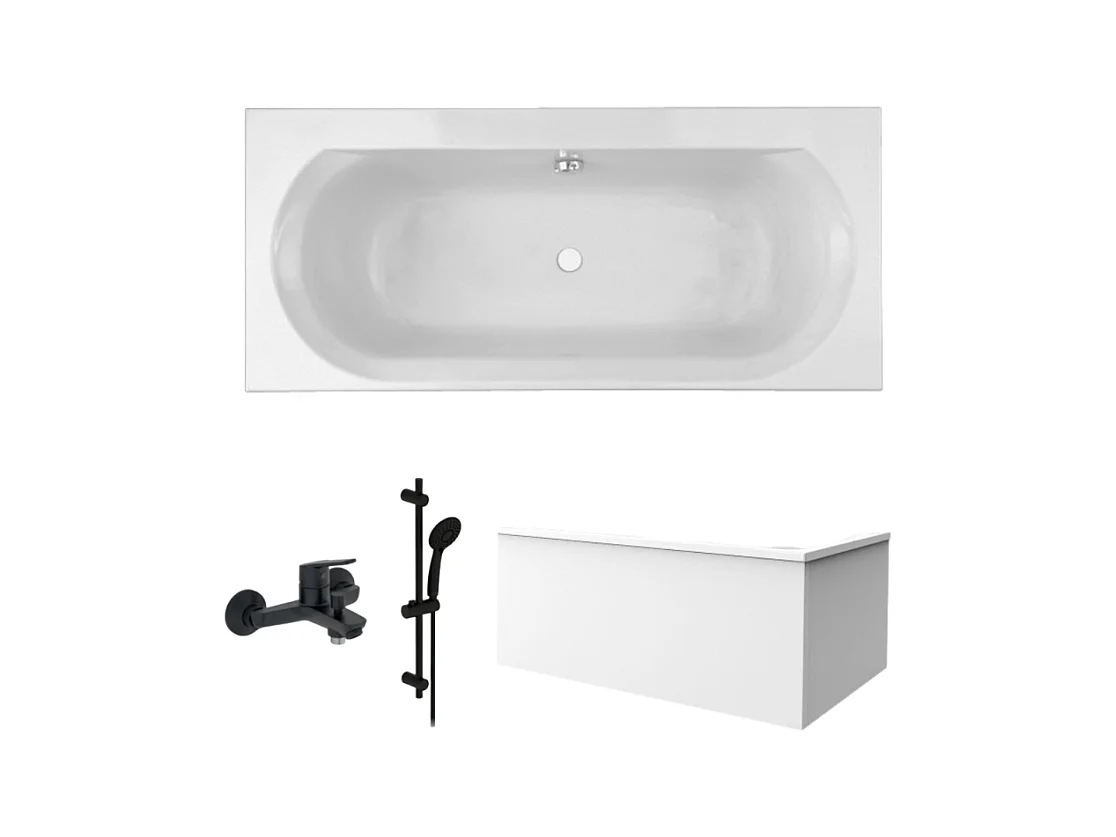 Pack baignoire droite 170 x 75 JACOB DELAFON Elise + tablier angle + pommeau et mitigeur bain noir mat Aimé + vidage