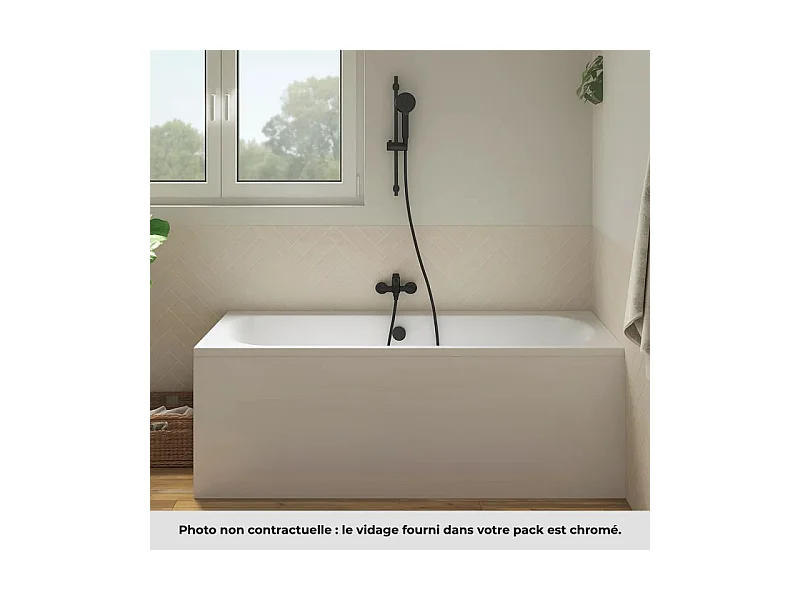 Pack baignoire droite 170 x 75 JACOB DELAFON Elise + tablier niche + pommeau et mitigeur bain noir mat Aimé + vidage