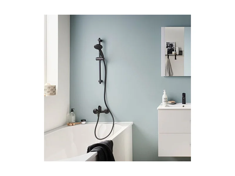 Pack baignoire droite 170 x 75 JACOB DELAFON Elise + tablier niche + pommeau et mitigeur bain noir mat Aimé + vidage