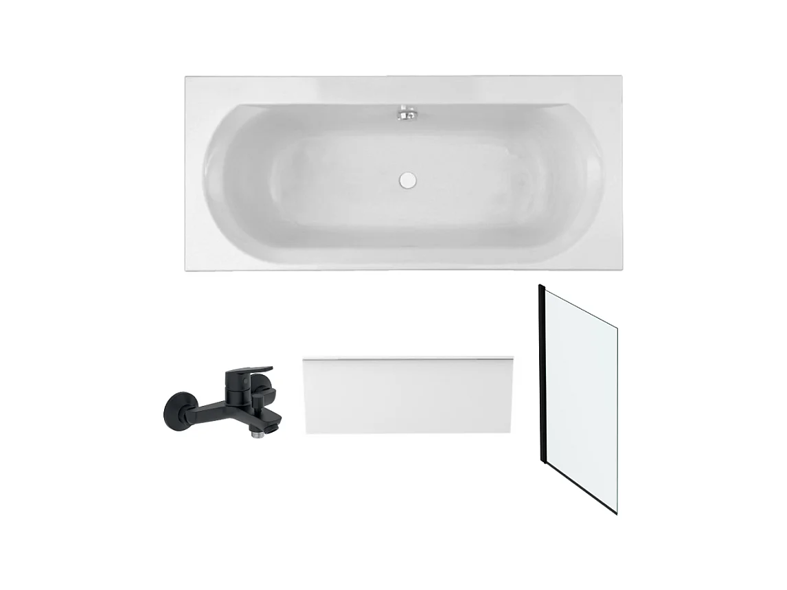Pack baignoire droite 170 x 75 JACOB DELAFON Elise + tablier niche + mitigeur bain Aimé noir + pare bain noir mat + vidage