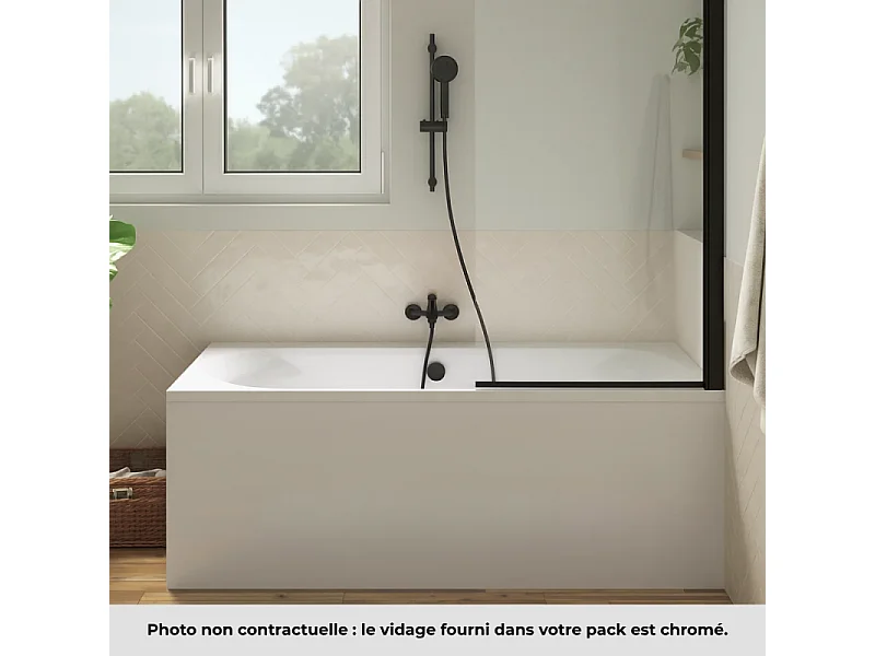 Pack baignoire droite 170 x 75 JACOB DELAFON Elise + tablier niche + mitigeur bain Aimé noir + pare bain noir mat + vidage noir