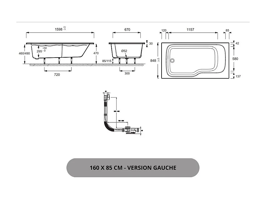 Pack baignoire bain douche 160 x 85 JACOB DELAFON Malice version gauche + tablier en angle + pare bain