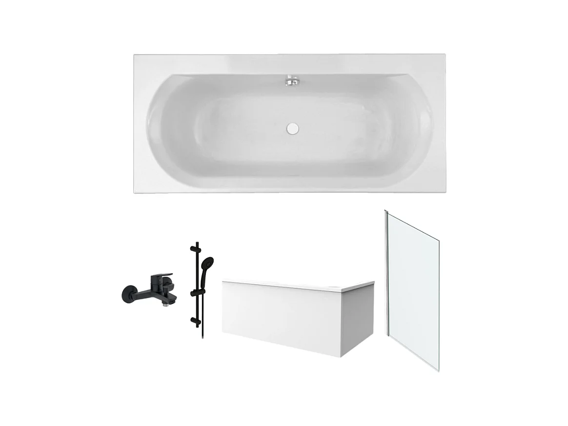 Pack baignoire 170 x 75 JACOB DELAFON Elise + tablier angle + pommeau et mitigeur bain noir Aimé + pare bain chromé + vidage