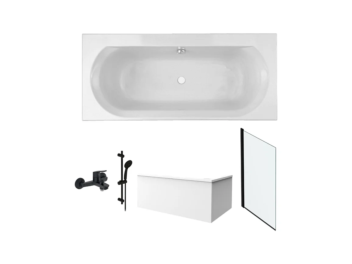Pack baignoire droite 170 x 75 JACOB DELAFON Elise + tablier angle + pommeau et mitigeur bain noir Aimé + pare bain noir + vidage