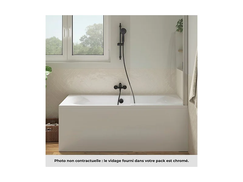 Pack baignoire 180 x 80 JACOB DELAFON Elise + tablier niche + pommeau et mitigeur bain noir Aimé + pare bain chromé + vidage