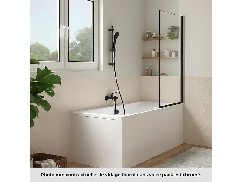 Pack baignoire droite 180 x 80 JACOB DELAFON Elise + tablier angle + pommeau et mitigeur bain noir Aimé + pare bain noir + vidage