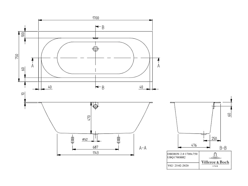Baignoire droite 170 x 75 VILLEROY & BOCH Oberon 2.0 blanc brillant