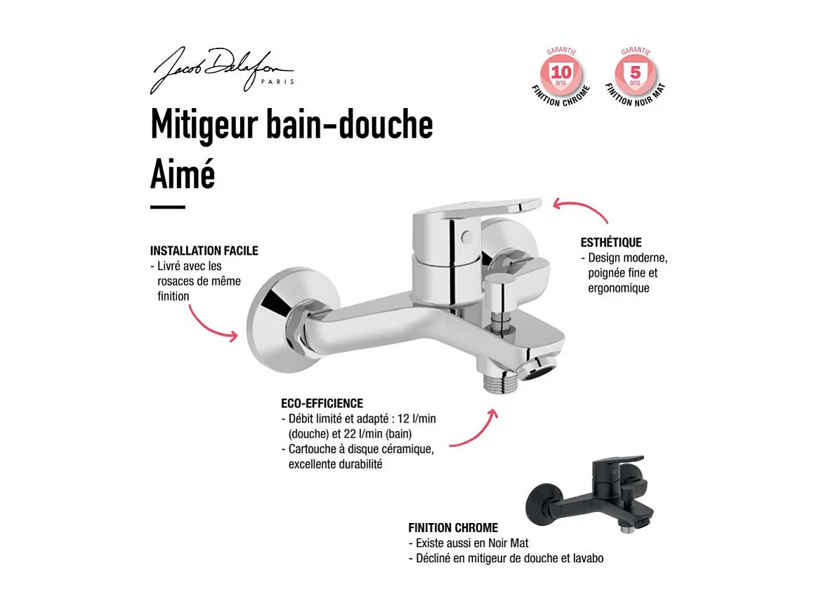 Pack baignoire 180 x 80 JACOB DELAFON Elise + tablier angle + pommeau et mitigeur bain noir Aimé + pare bain chromé + vidage