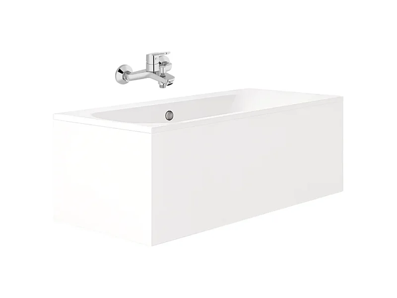 Pack baignoire droite 170 x 75 JACOB DELAFON Elise + tablier en angle + mitigeur bain douche mural Aimé chromé + vidage