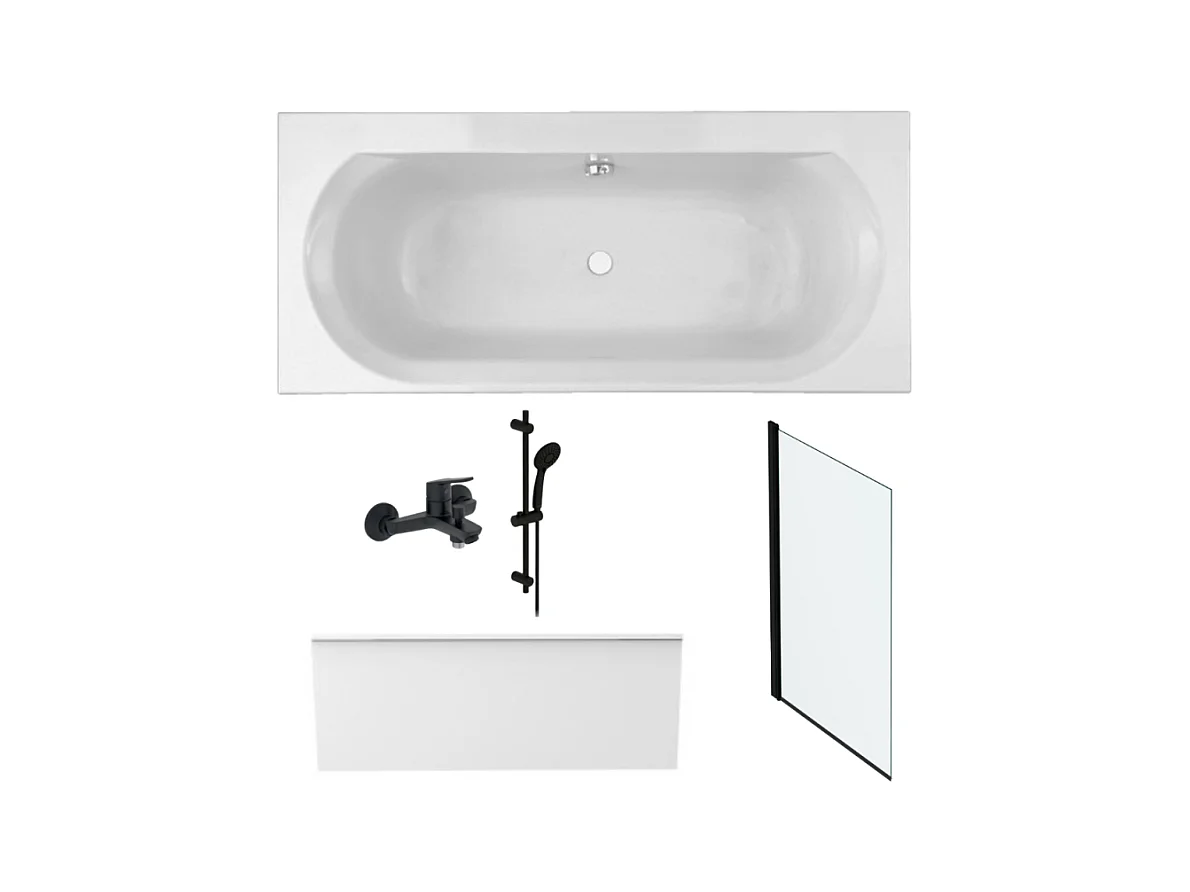 Pack baignoire droite 170 x 75 JACOB DELAFON Elise + tablier niche + pommeau et mitigeur bain noir Aimé + pare bain noir + vidage
