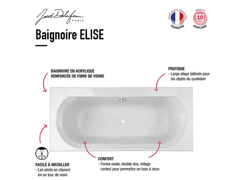 Pack baignoire droite 170 x 75 JACOB DELAFON Elise + tablier niche + pommeau et mitigeur bain noir Aimé + pare bain noir + vidage noir