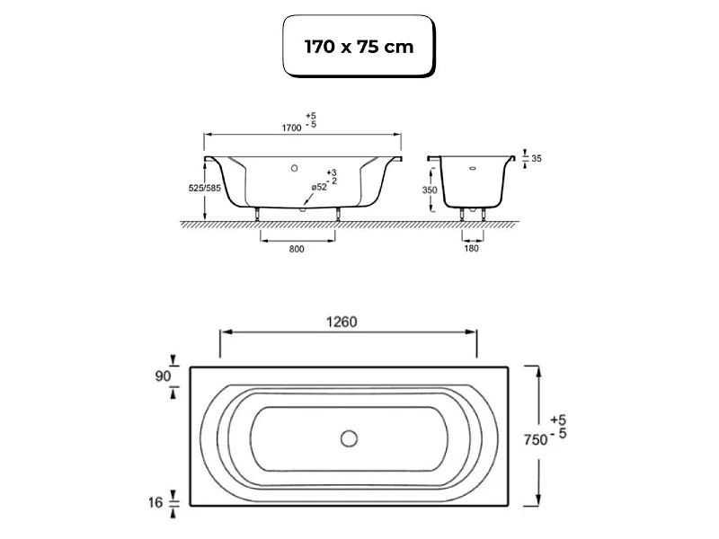 Pack baignoire droite 170 x 75 JACOB DELAFON Elise + tablier niche + pommeau et mitigeur bain noir Aimé + pare bain noir + vidage noir