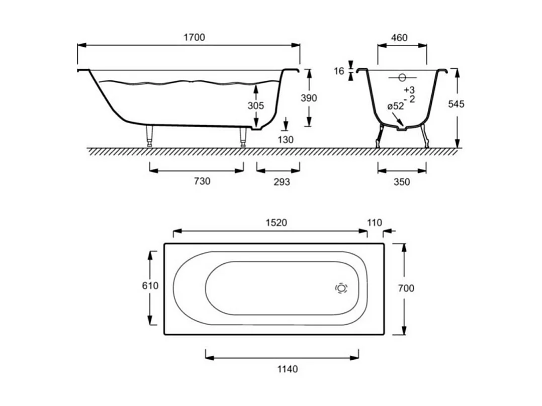 Baignoire droite JACOB DELAFON Soissons en fonte + pare bain 170 X 70