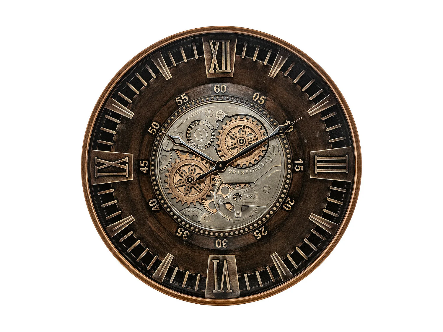 Pendule murale Marron style industriel avec rouages mobiles D 59 cm