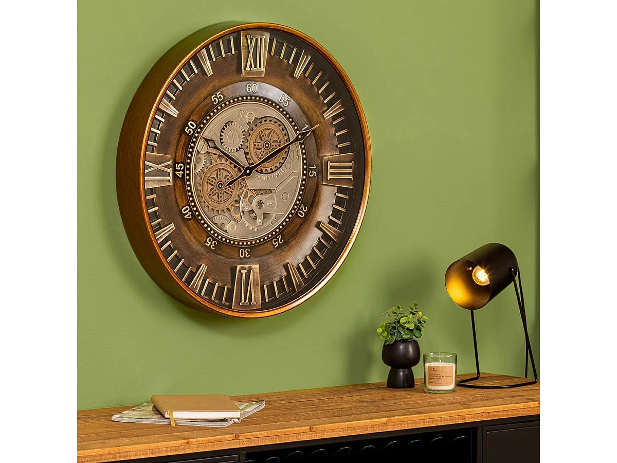 Pendule murale Marron style industriel avec rouages mobiles D 59 cm
