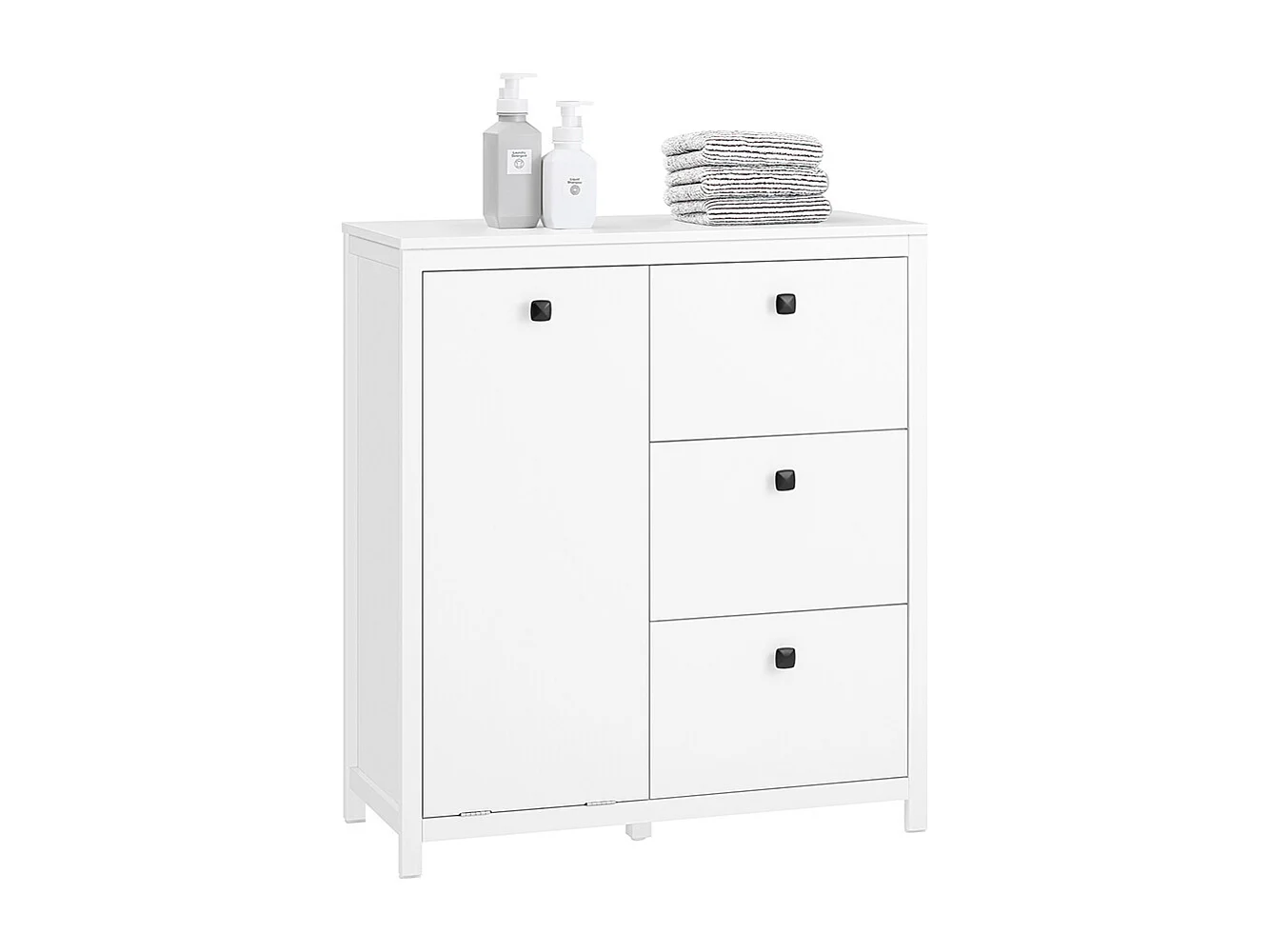 SoBuy Mobile lavanderia con sacchi portabiancheria pieghevoli, Mobiletto bagno con tre cassetti, Armadio portabiancheria Bianco 80x35x90cm BZR97-W