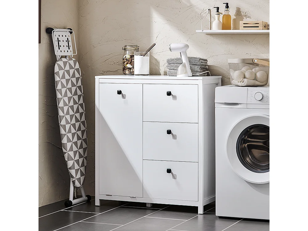 SoBuy Mobile lavanderia con sacchi portabiancheria pieghevoli, Mobiletto bagno con tre cassetti, Armadio portabiancheria Bianco 80x35x90cm BZR97-W