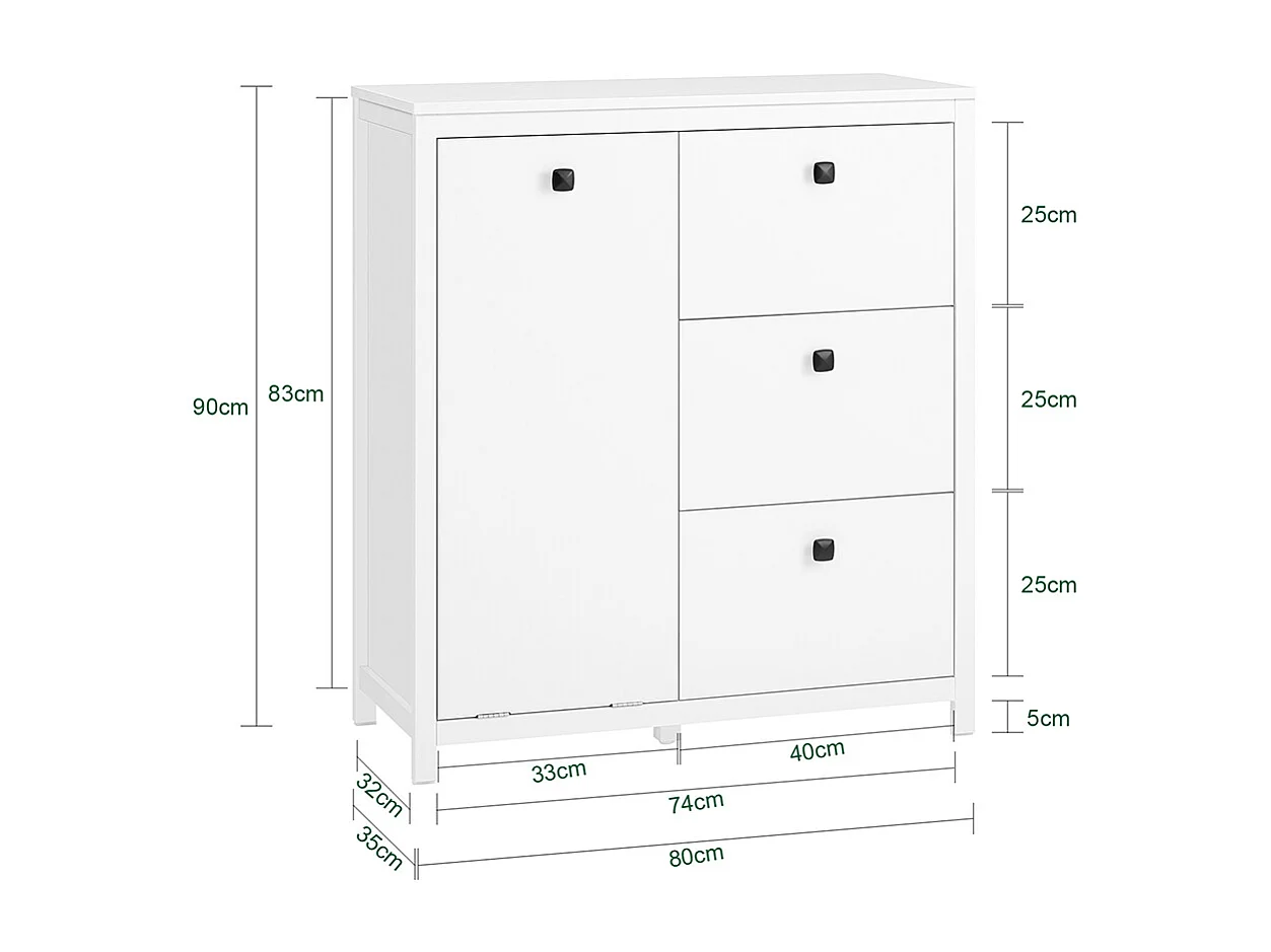 SoBuy Mobile lavanderia con sacchi portabiancheria pieghevoli, Mobiletto bagno con tre cassetti, Armadio portabiancheria Bianco 80x35x90cm BZR97-W