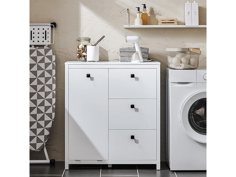 SoBuy Mobile lavanderia con sacchi portabiancheria pieghevoli, Mobiletto bagno con tre cassetti, Armadio portabiancheria Bianco 80x35x90cm BZR97-W