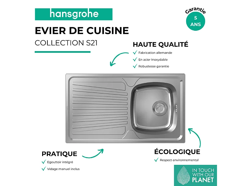 Evier 1 bac avec égouttoir HANSGROHE S21 inox